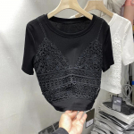 WTEMPO Korea suvised soliids&auml;rgid Naiste vabaaja &uuml;mmargused kaelarihmad, &otilde;hukesed vintage l&uuml;hikesed varrukad, puhtast puuvillast pitsist k&auml;rbitud topid S valge