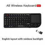 Miniklaviatuur 2,4G RF juhtmevaba pihuklaviatuur puuteplaadi hiirega vene inglise keele klaviatuur taustavalgustusega puuteplaadi hiir s&uuml;learvuti s&uuml;learvutile Smart TV Box