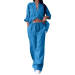 Naiste 2-osaline vabaaja puuvillase ja linase &uuml;hev&auml;rviline s&auml;rgi ja n&ouml;&ouml;riga laiade s&auml;&auml;rtega p&uuml;kste komplekt L sinine