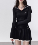 Must kootud kleit Naiste Korea preppy stiilis minikleidid Naistele S&uuml;gisene vintage meremehe kraega pikkade varrukatega &otilde;huke kleit S must