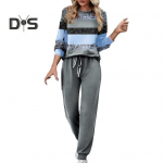 Naiste kevad-s&uuml;gis vabaaja dressir&otilde;ivaste triibuline pikkade varrukatega topid, elastne v&ouml;&ouml;koht pingutusn&ouml;&ouml;riga dressip&uuml;ksid spordir&otilde;ivad, kaheosaline komplekt 2XL roosa