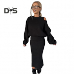 2 tk/komplekt Naiste dressipluuskleidi komplekt &Uuml;mara kaelusega Pikk nahkhiirevarrukaga Lahtine &uuml;laosa Slim Fit l&otilde;ikega l&otilde;hikuga all&auml;&auml;riga Midipikkusega kleit Vabaaja t&ouml;&ouml;le mineku riietus Paks S&uuml;gis Talv S must