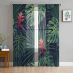 Troopiline džungliroheline taim lilled lehed t&uuml;ll l&auml;bipaistvad aknakardinad elutuppa Voile organza kardinad kardinad W135 x H115cm x1&Rod Pocket
