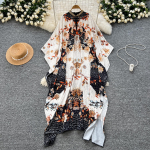 Suvised naiste disainerid Vintage Print Runway Kleit Luksuslik helmestega Batwing Varrukatega Suured lahtised pikad Maxi puhkuse rannakleidid S