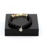 Pierres et Min&eacute;raux. Bracelet Quartz &agrave; Rutile dor&eacute; du Br&eacute;sil + Perles Onyx noir mat 8 mm. Fabriqu&eacute; en France.