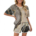 Naiste vabaaja 2-osaline l&uuml;hikeste varrukatega lipsuv&auml;rviga tr&uuml;kitud topp ja l&uuml;hikesed p&uuml;ksid, sobiv pidžaamakomplekt L sinine