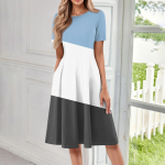 Naiste vabaaja moodne &uuml;mara kaelusega l&uuml;hikeste varrukatega midikleit L sinine