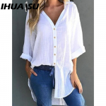 IHUASU Naiste mood vabaaja &uuml;hev&auml;rvilise tr&uuml;kiga pikkade varrukatega POLO kaelusega pluusid ja s&auml;rgid S valge