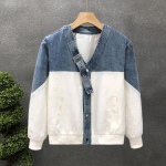 Uus Meeste Kevad-S&uuml;gis Patchwork V-kaelusega Nuppudega Tasku Moodne Trend Minimalistlik L&otilde;tv Vabaaja Pikkade Varrukatega Denim Jakk L valge
