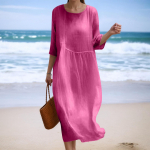 Naiste moekas &uuml;hev&auml;rviline &uuml;mara kaelusega seitsmeveerandvarrukatega vaba kleit L