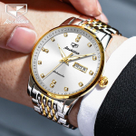 JINSHIDUN kaubam&auml;rgiga k&auml;ekellad Business Diamond Face Double Calendar Mehaaniline k&auml;ekell Veekindel &auml;rimeeste k&auml;ekell Meeste k&auml;ekell