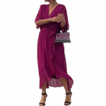 &Otilde;hukese kangaga midi &otilde;htukleit, nahkhiirevarrukatega, ebakorrap&auml;rase volangidega &auml;&auml;rega, V-kaelusega, paeltega v&ouml;&ouml;kohaga, volditud ja &uuml;hev&auml;rviline, &otilde;hukese kangaga ballikleit XL lillakaspunane v&auml;rv