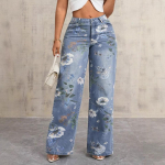 Uued Naiste Ameerika Streetwear Lillelise Prindiga Teksap&uuml;ksid, S&uuml;gisene Vibe Stiil L&otilde;dva L&otilde;ikega Kotakad Denim P&uuml;ksid Kunstilise Disaineri V&auml;limusega S sinine