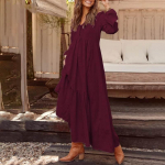 Naiste Vintage Puuvillane Linane Kleit - Suvine Pikkade Varrukatega Laienev Maxi Kleit, Hingav Kuurordikleit & Igap&auml;evane Boho Stiil S punane