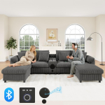 Moodul U- ja L-kujuline sametdiivan Bluetooth-k&otilde;lari ja konsooliga, nurk, panipaiguga, juhtmevaba laadimisega, USB-portidega, topsihoidjatega, patjadega, hall 315.5 x 144 x 84.5 cm hall