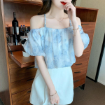 Sweet Off Shoulder S&auml;rk Naiste avarad topid Elegantne l&uuml;hikeste varrukatega suvine lillemustriga pluus Naistele uued vabaaja riided 27415 S sinine