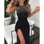 Suvised seksikad naistekleidid Rhinestone Decor Elegantne moodne mitme rihmaga k&otilde;rge l&otilde;hega O-kaelusega varrukateta maxi k&otilde;hn peokleit M must