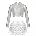 Laste t&uuml;drukute dž&auml;ssitantsu kost&uuml;&uuml;m, l&auml;ikiv metallik, pikkade varrukatega k&auml;rbitud topp seelikuga l&uuml;hikeste p&uuml;kstega, ballettv&otilde;imlemisriietus 9-10 Years