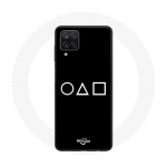 Samsung Galaxy A12 &uuml;mbris Squid Game logo s&uuml;mbolid ring ruut kolmnurk Must taust