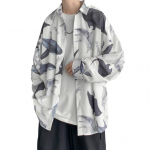 Kevadsuvi meeste s&auml;rk Shark Print &uuml;herealine, alla keeratav krae, pikkade varrukatega, vaba keskmise pikkusega t&auml;navariided puhkuseks meeste topp M valge