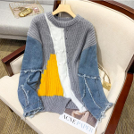 Talvine T-s&auml;rk &Uuml;lisuur Naiste Kampsunid Denim O-kaelusega Lapit&ouml;&ouml; Pullover Kudumine Basic Sinine Mood Vaba Kampsun One Size hall