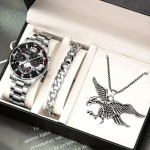 3PCS komplekt mood meeste spordikellad meestele &auml;ri terasest kvarts k&auml;ekell kalender mees vabaaja kaelakee k&auml;ev&otilde;ru k&auml;ekell