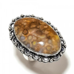 Natural Fossil Coral Gemstone Handmade 925 Sterling Silver Ring Size 9 a6e91