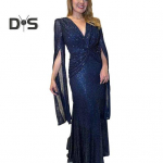 Naiste &otilde;htukleit, l&otilde;hestatud varrukatega, s&uuml;gav V-kaelus, l&auml;ikiv litrid, kitsas v&ouml;&ouml;koht, s&otilde;lm, plisseeritud t&auml;ispikk &uuml;hev&auml;rviline daami balli banketi maksikleit L tumesinine v&auml;rv