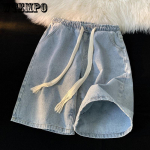 Suvised denim-l&uuml;hikesed p&uuml;ksid, kootud, n&ouml;&ouml;riga, meeste &otilde;huke osa, vabaaja retro, laiad m&otilde;&otilde;dud, viiepunktilised S sinine