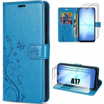 Coque de Protection - BOOLING - Samsung Galaxy A17 4G/5G - Effet Cuir Bleu Papillon Fleur - 2 Vitre