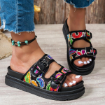 Suvised naiste v&auml;rvilised paksude talladega sandaalid, topeltpandlad, v&auml;litingimustesse, suured suurused, Zapatos, lilleline muster, naiste libisemissandaalid 35 must