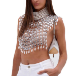 Mitmekihiline P&auml;rlite ja Kristallidega Rindkere Kett Camisole Naistele Seljata Halterkaelusega L&uuml;hike Top Kehe Ehe Rannavest 1