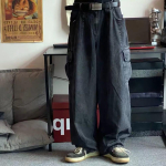 L&otilde;dvad teksap&uuml;ksid Meeste &Uuml;lem&otilde;&otilde;dulised Cargo Korea Mustad Laiad P&uuml;ksid Streetwear Hip Hop Harajuku Meeste Mood Sirged Denim P&uuml;ksid XL sinine