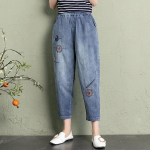 Suvised elastsed v&ouml;&ouml;kohaga teksad Naiste vintage tikandid teksap&uuml;ksid naistele vabaaja retro lilleline kauboi mood k&auml;rbitud haaremip&uuml;ksid S sinine