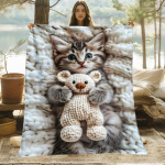 Armas kassipoeg hoiab kootud kaisukaru valgel kootud taustal Fliisist tekk Imearmas lemmiklooma teema Pehme flanellist visketekk lastele Size: 130*170cm, Weight: 320 GSM