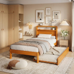 Puidust voodi 90x200 cm v&auml;ljat&otilde;mmatava voodiga 90x190 cm, funktsionaalne voodi vasakule/paremale paigaldatava k&uuml;lalise voodiga, &uuml;mar peatsiots ja ruumis&auml;&auml;stlik disain 205 x 95 x 92 cm looduslik