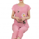 ELadies 1 komplekt T-s&auml;rgip&uuml;ksid, l&uuml;hikeste varrukatega lahtised, kaheosaline lilledega loomatr&uuml;kiga magamisriiete komplekt keskealistele XL roosa