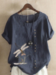 Suvine Casual Dragonfly Print Lahtine T-s&auml;rk Retro puuvillane ja linane O-kaelusega plusssuuruses l&uuml;hikeste varrukatega naiste topp XS-5XL 5XL