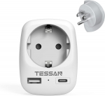 TESSAN EU-USA reisiadapter 2 USB-ga (2.4A), 2 kontaktiga Euroopa ja 3 kontaktiga USA seinalaadija reisimiseks / koju 1 Outlets & 2 USB Ports hall v&auml;rv