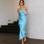 Vabaaja seljata olkadeta seksikas kleit Elegantne varrukateta roheline satiin peokleit suvine soliidne k&otilde;rge v&ouml;&ouml;kohaga pikad kleidid hommikumantlid 28222 S taevasinine v&auml;rv