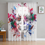 Akvarellmaali kunst Splatter Skull t&uuml;llkardinad elutuppa L&auml;bipaistev kardin Magamistoa Voile Dekoratiivsed aknahooldused 135W x 114H(cm)