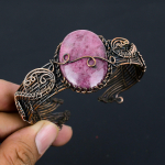 Natural Rhodonite Gemstone Handmade Copper Wire Wrap Bangle Adjustable c7y64