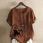 Naiste moodne &uuml;mara kaelusega l&uuml;hikeste varrukatega T-s&auml;rk vabaaja puuvillane linane graafiline s&auml;rk vaba aja kasside prinditud suvepluusi topid plusssuuruses M roosa