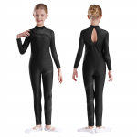 Kids Girls Figure Skating Dance Gymnastics Jumpsuit Sparkly Rhinestones Sheer Mesh Patchwork Long Sleeve Keyhole Back Bodysuit 5-6 Years