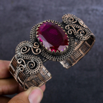 Natural Pink Rubillite Gemstone Copper Wire Wrap Cuff Bangle Adjustable f3l36