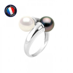 PERLINEA - Bague Toi & Moi V&eacute;ritables Perles de Culture de Tahiti et d'Eau Douce Rondes 7-8 mm - Argent 925 Milli&egrave;mes - Bijou Femme