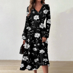 Naiste vabaajamoe V-kaelusega pikkade varrukatega lillemustriga pikk kleit L must