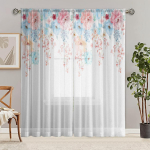 Kaheosaline HD digitaaltr&uuml;kiga rustikaalne pojengimustriga kardinad kodukaunistus stiilis kaunistus elutuba magamistuba l&auml;bi &ouml;&ouml;side kardina efekt W52H63inchW132H160cm valge