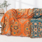 Euroopa linane diivanikate lillelise tikandi ja narmastega, p&ouml;&ouml;ratav diivanikate tekk elutoa sisustuse jaoks - 110x210cm kuni 230x250cm 230*250cm oranž