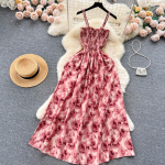 Naiste korea stiilis roosi&otilde;ieline printimine retro peokleit suvine elastne k&otilde;rge v&ouml;&ouml;kohaga puhkus pikk kleit Beach Vestido One Size